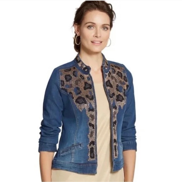CHICO'S Cheetah Chic Beaded‎ Denim Jacket~Size 1 - Picture 1 of 4